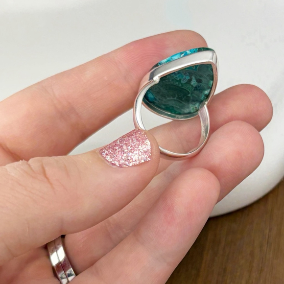 Solid Sterling Silver 925 Malachite Chrysocolla Ring Size 8 1/4 8.25 Handmade - Picture 6 of 9